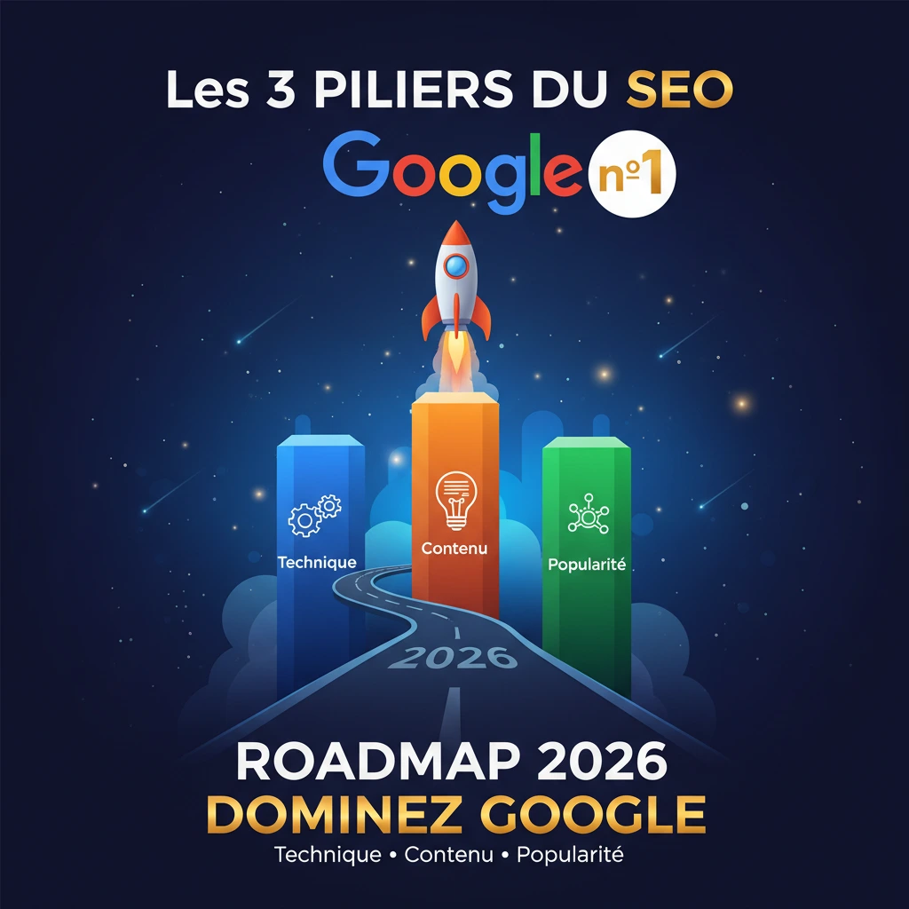 Les 3 Piliers du SEO avec une fusée pour dominer Google
